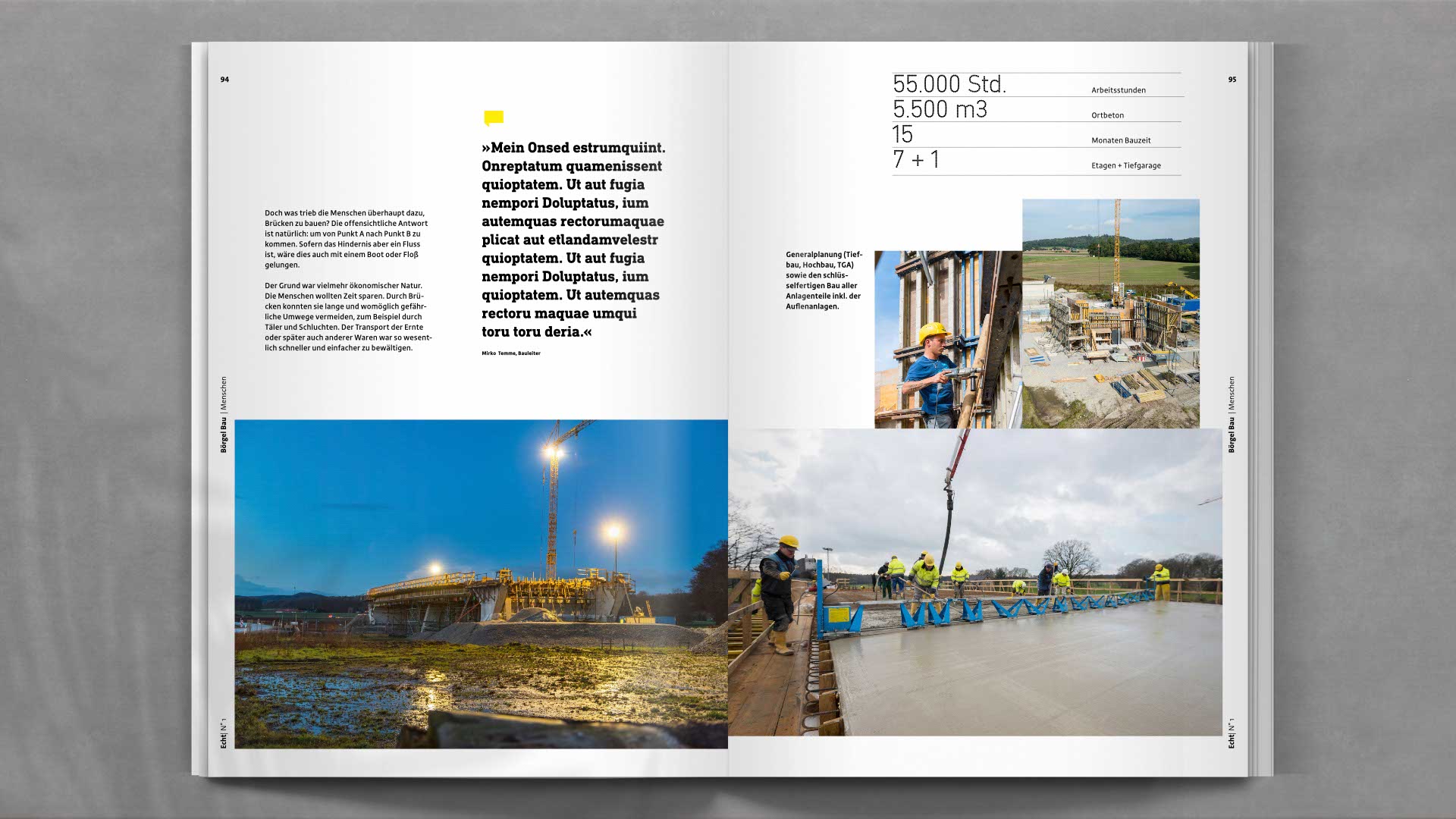 Layout mit Mitarbeiterporträts und regionalen Einblicken – zeigt die persönliche Seite des Bauunternehmens Börgel und stärkt das Employer Branding.