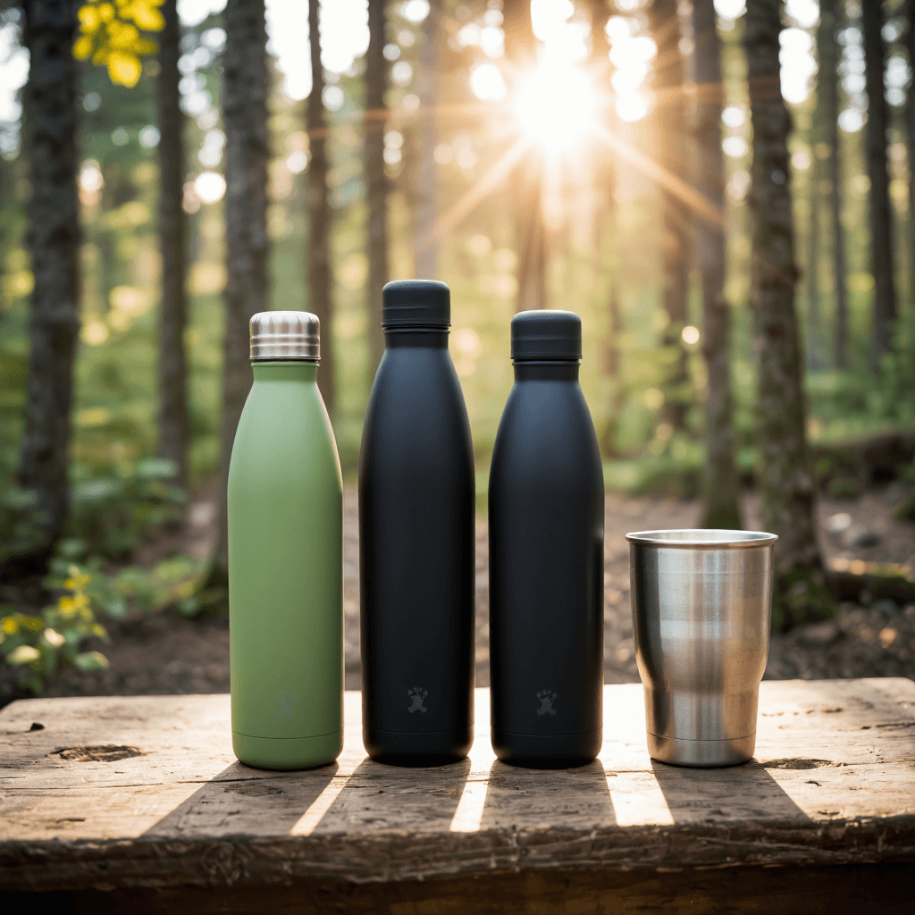 product photography of a set of insulated water bottles and a cup for outdoor use