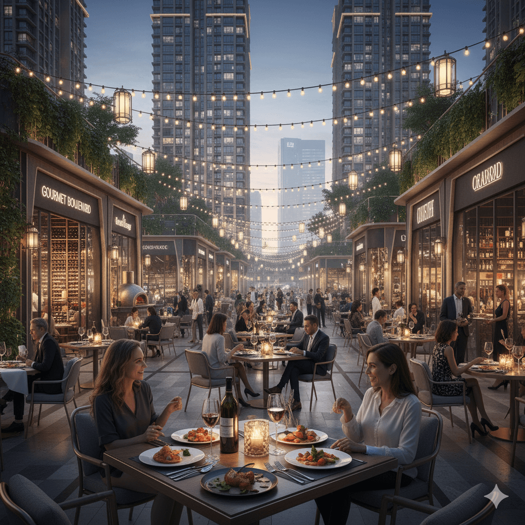 Elegant open-air fine dining street with fairy lights and modern commercial buildings in the background