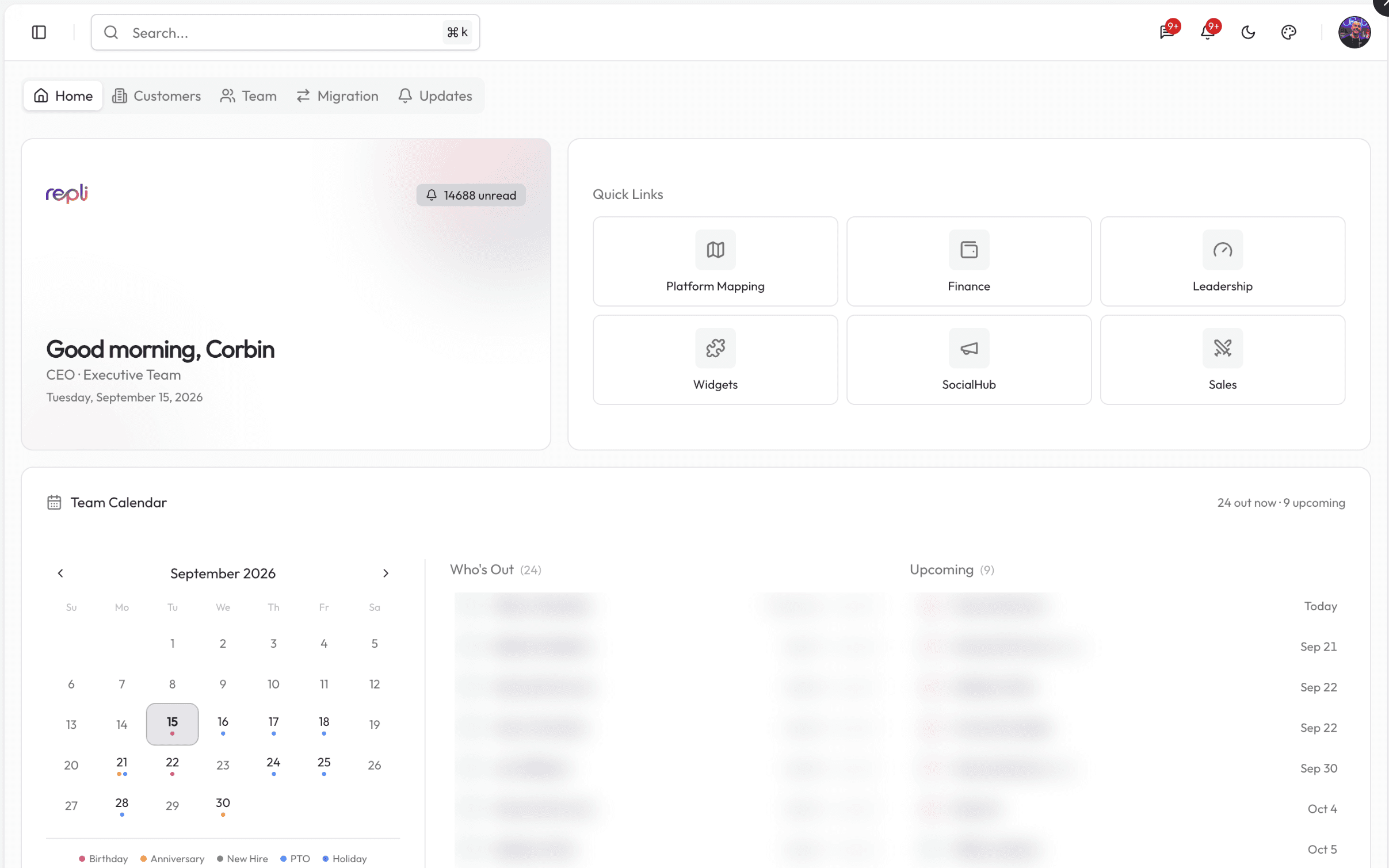 Repli Business Admin, the home screen