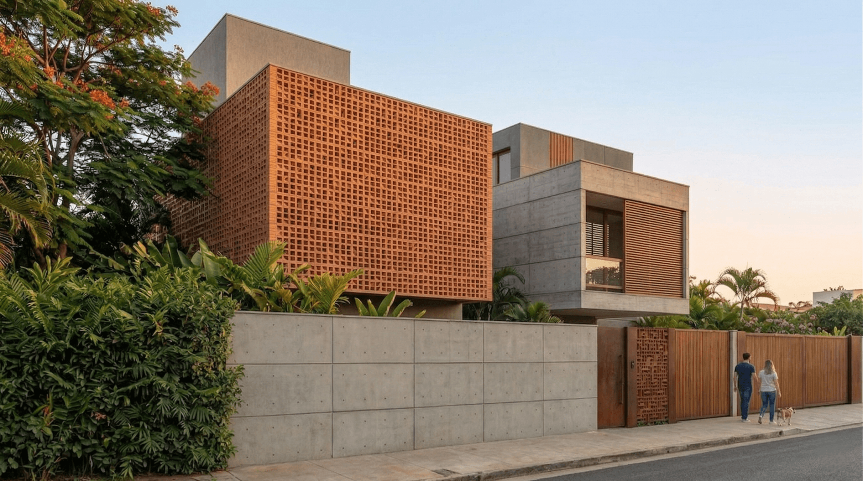 Fachada de sobrados contemporâneos com cobogó cerâmico, concreto aparente e brises em madeira no Residencial Argila