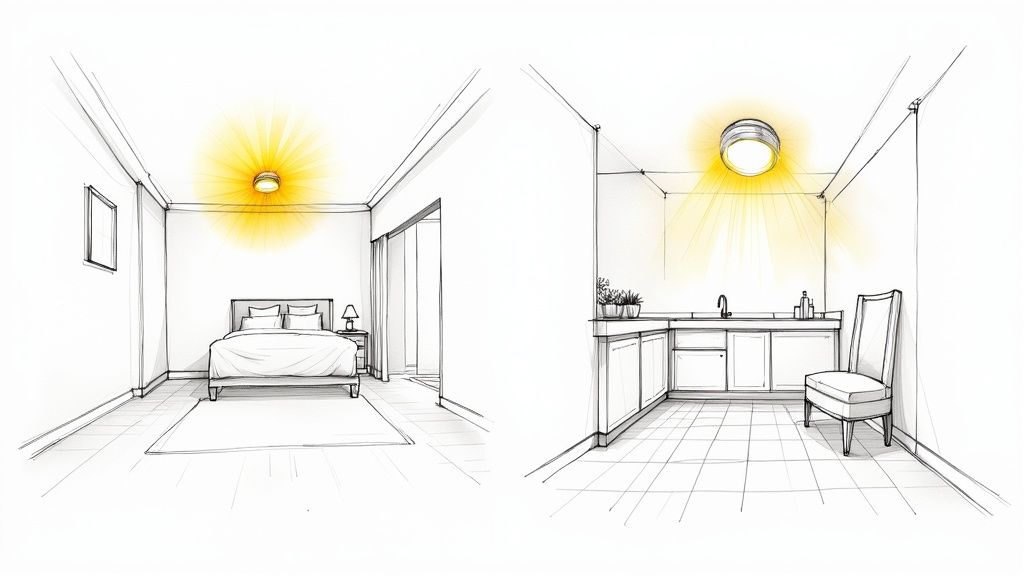 Two hand-drawn architectural sketches showing a bedroom and a utility room with bright ceiling lights.