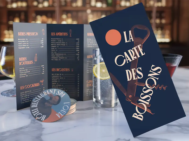 Carte des boissons de l’Hôtel Outa avec design graphique bleu nuit et typographie rétro, présentée sur un bar avec sous-bocks personnalisés et verres de cocktails.