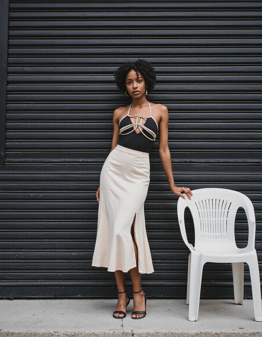 Woman in black halter top and beige skirt posing against dark industrial background with white chair