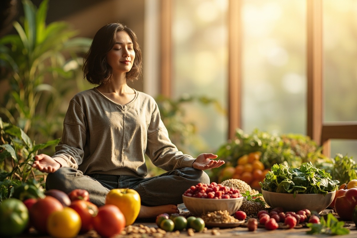 Person meditating surrounded by healthy food, representing the mental aspect of weight loss through hypnosis.