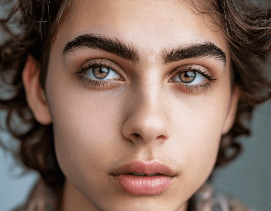 Young person with permanent eyebrow makeup, neatly shaped and defined eyebrows after the tattooing procedure