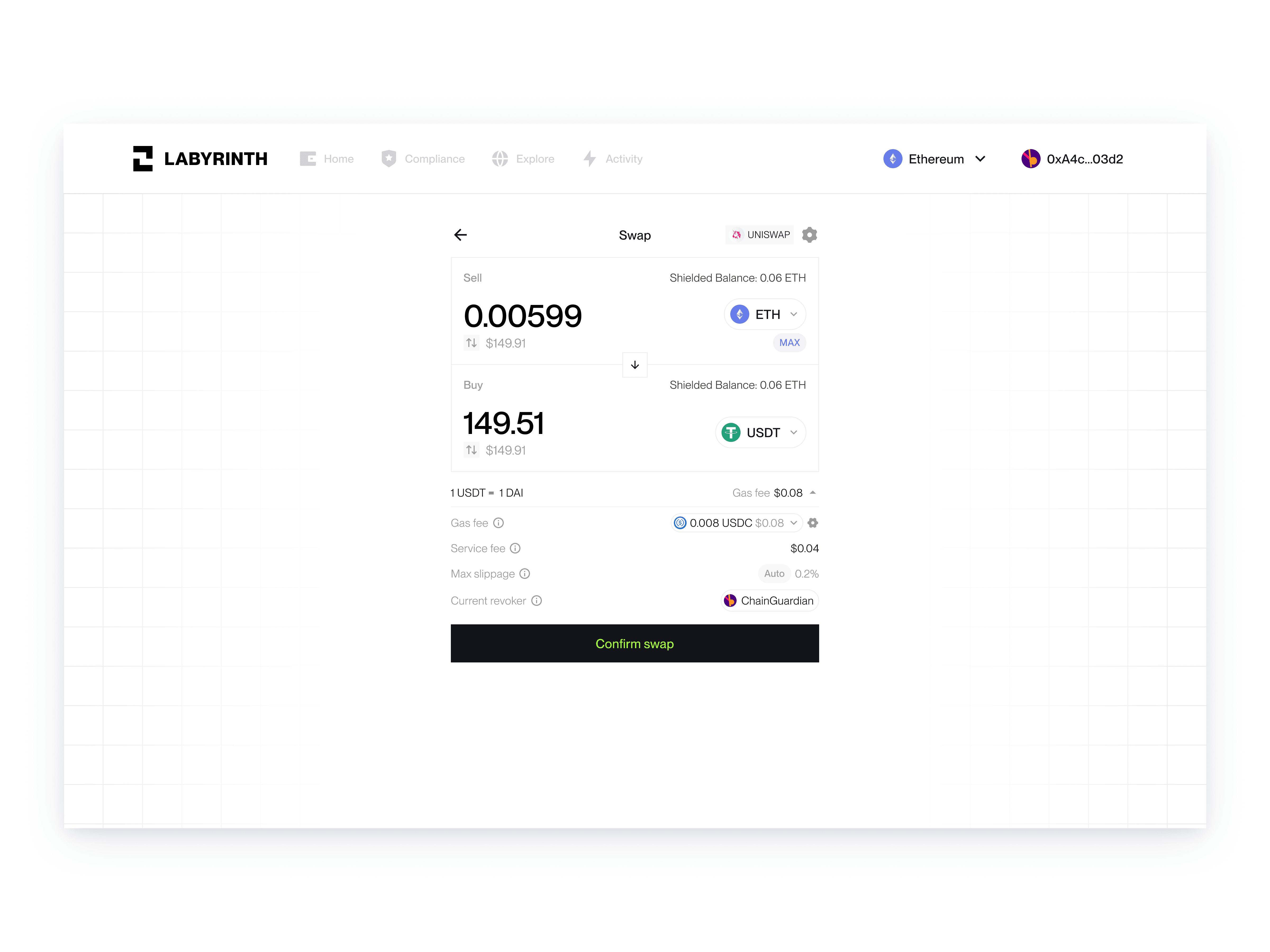 private swap interface using Uniswap, showing shielded ETH to USDT asset exchange