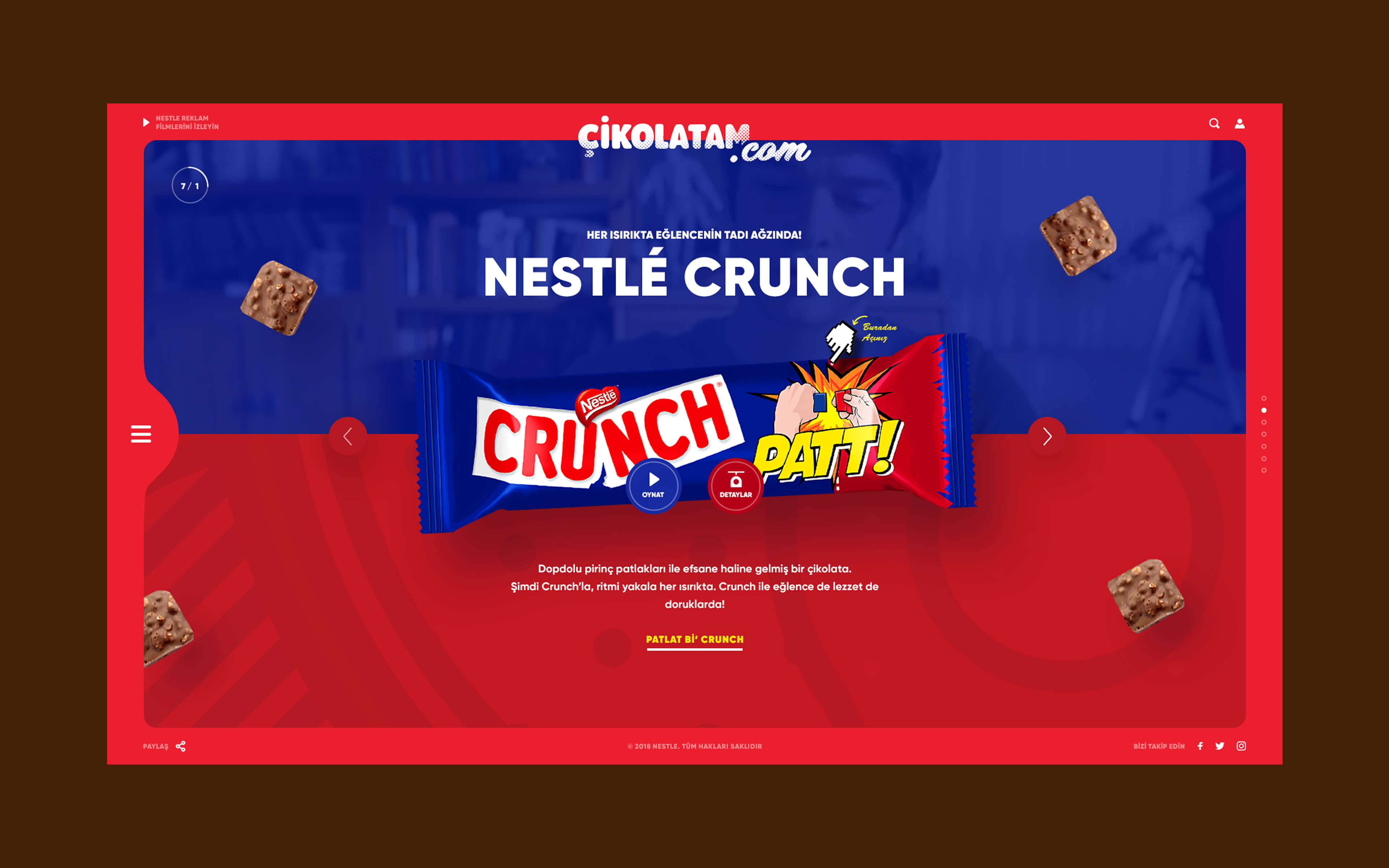 Redesigned Cikolatam.com homepage mockup with bold red-blue layout, floating chocolate bites, and dynamic candy bar highlighting playful UX.