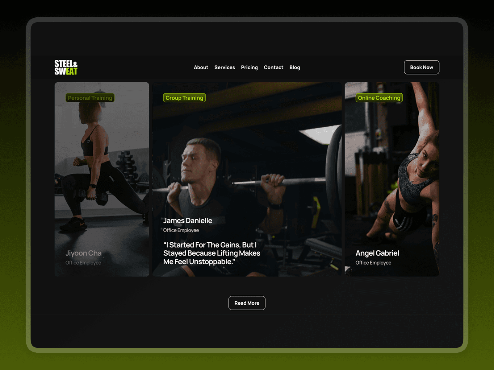 A muscular individual is exercising outdoors, holding vibrant green dumbbells against a clear blue sky, featured prominently on a sleek fitness website template titled “Your Next Gym Buddy” to promote personalized training programs.