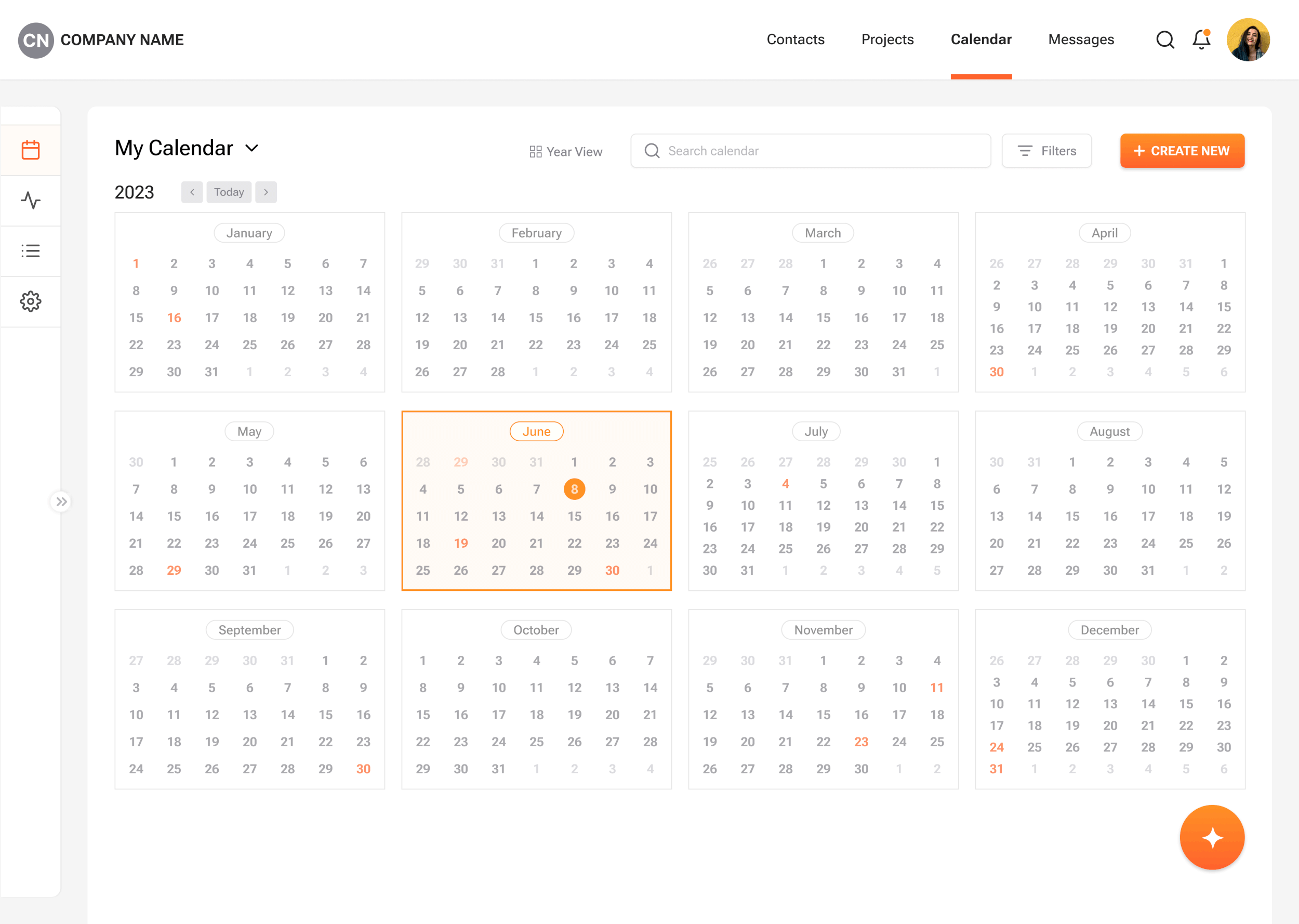 Animated calendar interface cycling through yearly month views, with June highlighted and navigation controls visible.