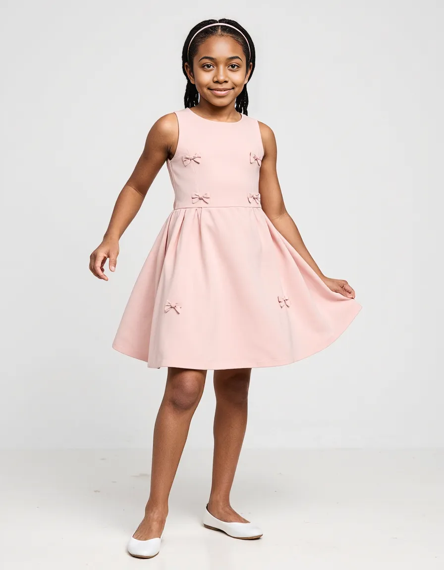Soft pink children's dress with decorative bows against white background, styled with white shoes and a thin headband