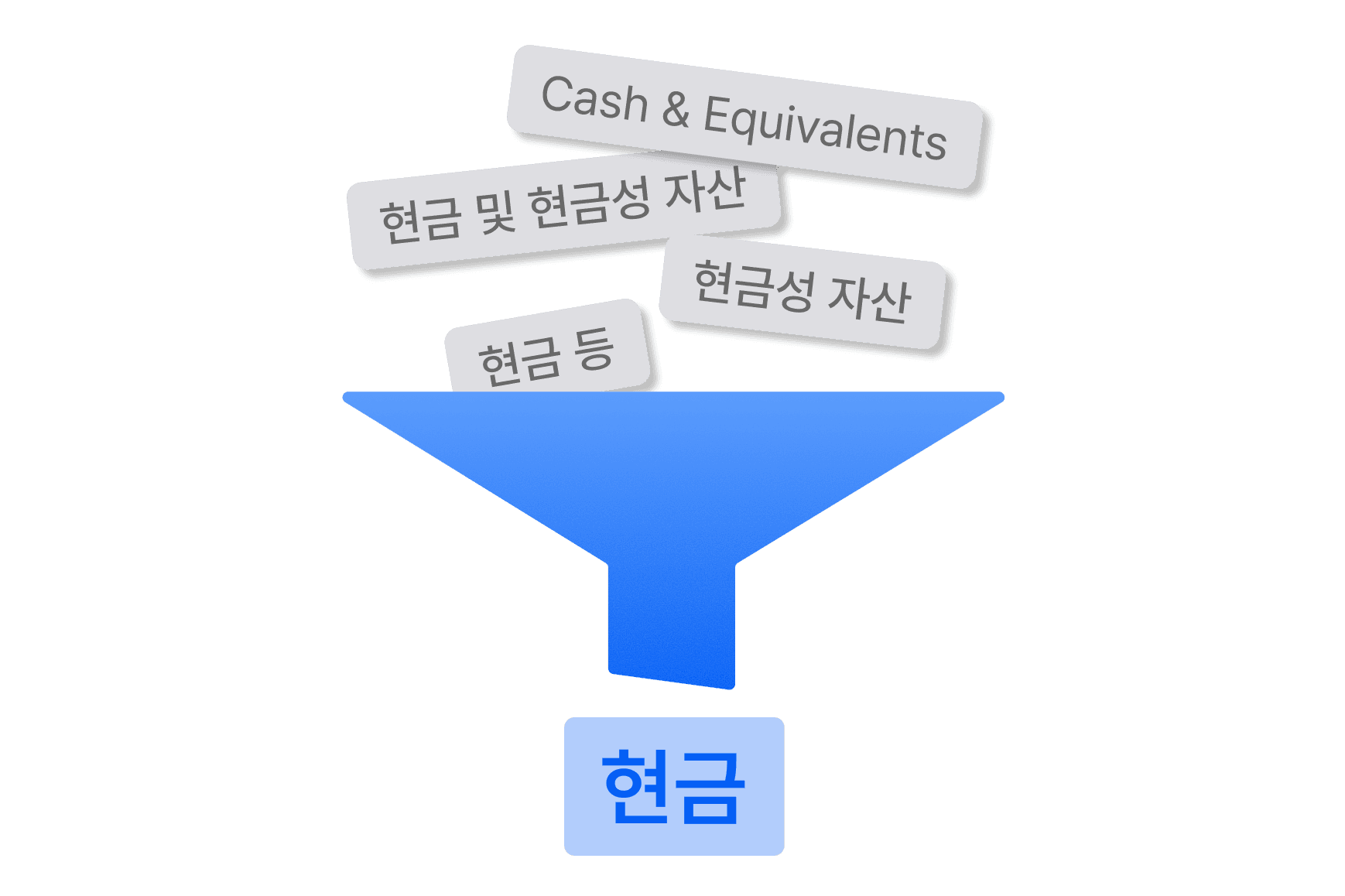 현금 및 현금성 자산, 현금성 자산, 현금 등 서로 다른 계정과목 표기를 하나의 현금 항목으로 정규화하는 예시