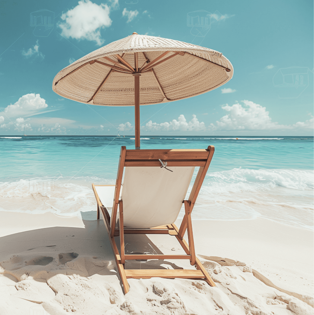 A wooden beach chair facing the turquoise ocean waves on a sunny sandy shore.
