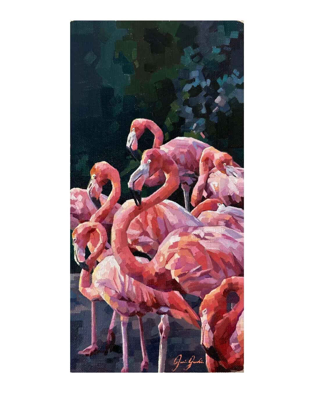 A vertical impressionistic oil painting on canvas by Jasmine Jardine, depicting a dense group of pink flamingos. The flamingos are clustered tightly together, their curving necks interweaving. Their feathers and bodies are painted in distinct, blocky, geometric strokes using a vibrant palette of coral, rose pink, and subtle orange highlights. The background is composed of dark, muted greens and deep shadows, making the bright pink birds stand out. The artist's signature, Jasmine Jardine, is visible in gold script in the bottom-right corner.