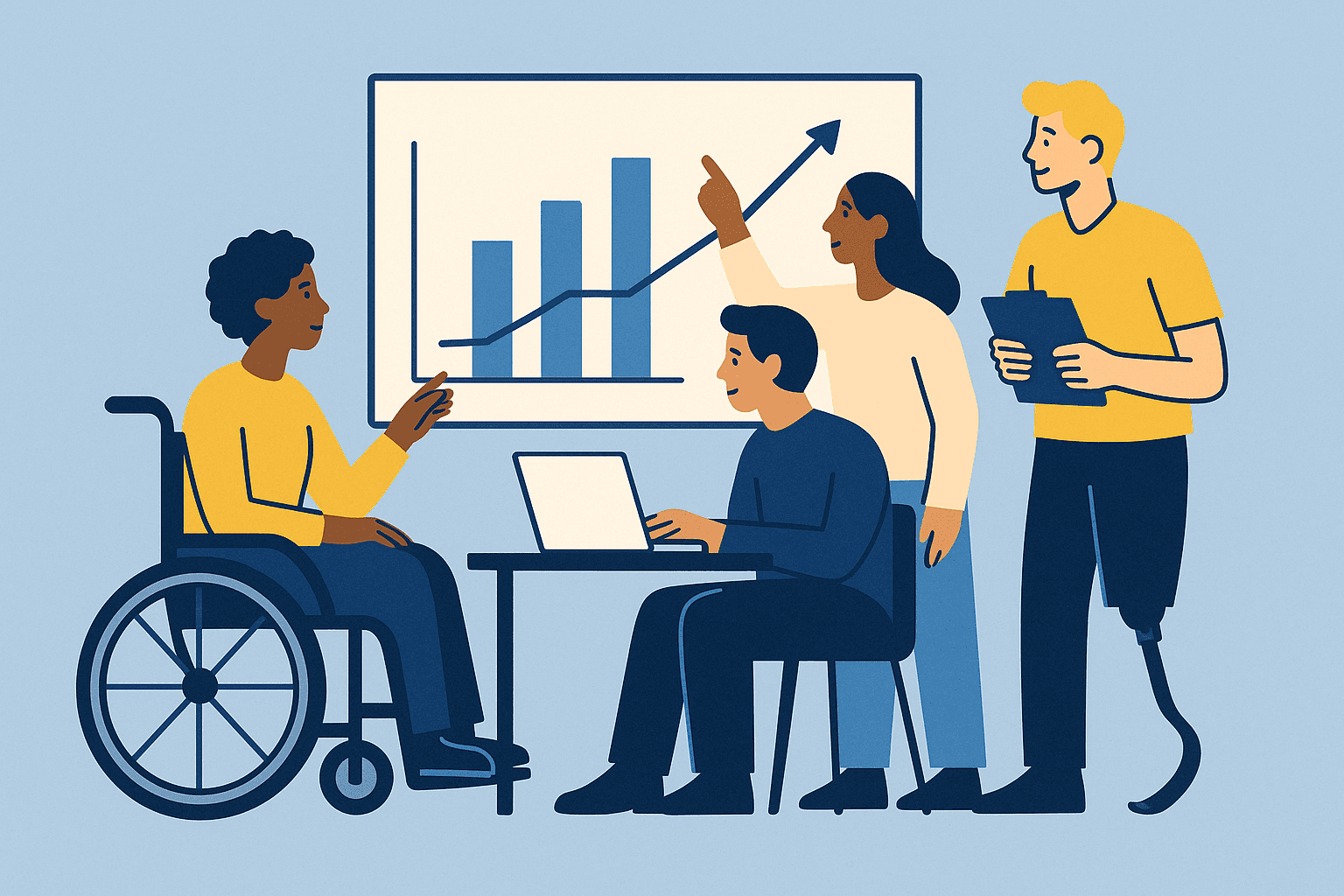 A group of people, some with visible disabilities, working together and looking at a chart