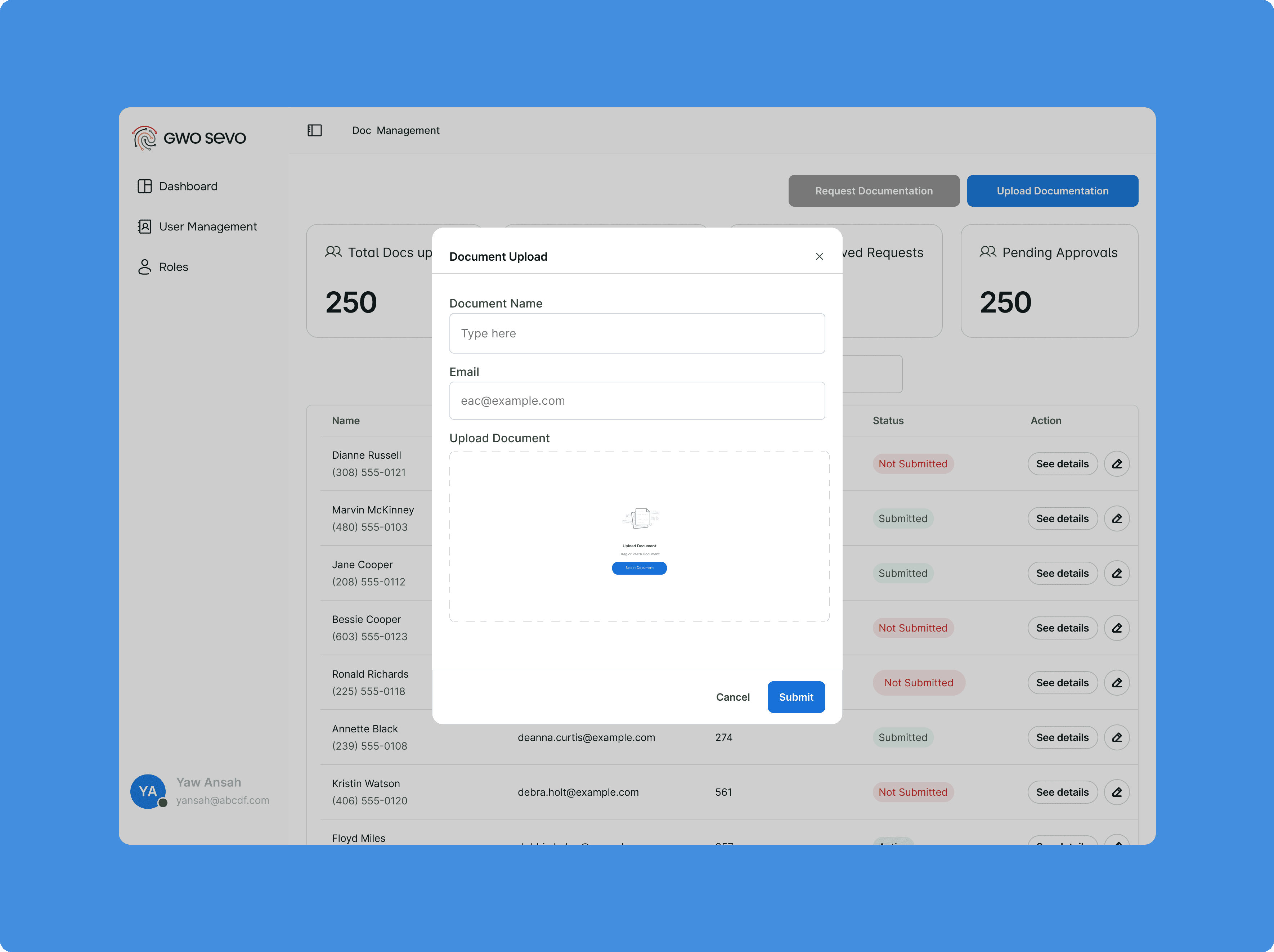 Dashboard view of file upload