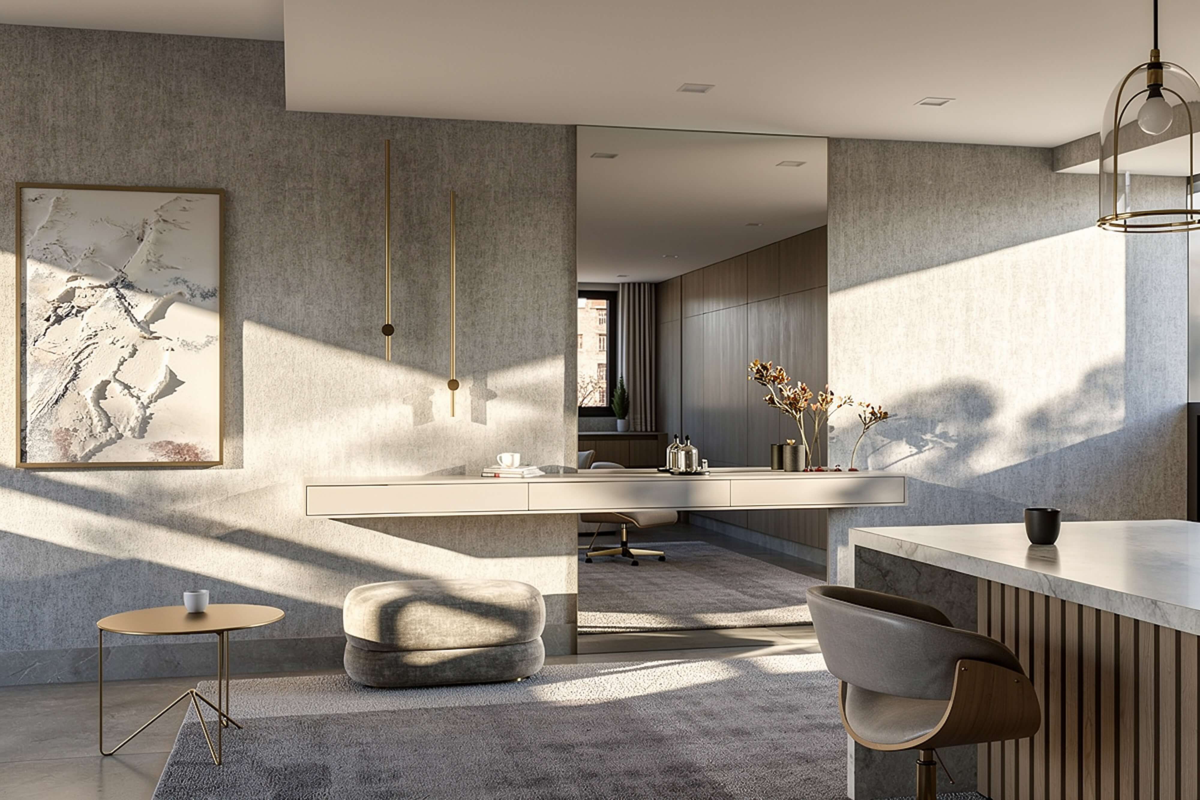 Sunlit modern interior with floating console desk, textured gray walls, brass accents, round ottoman, abstract artwork, and soft neutral tones.