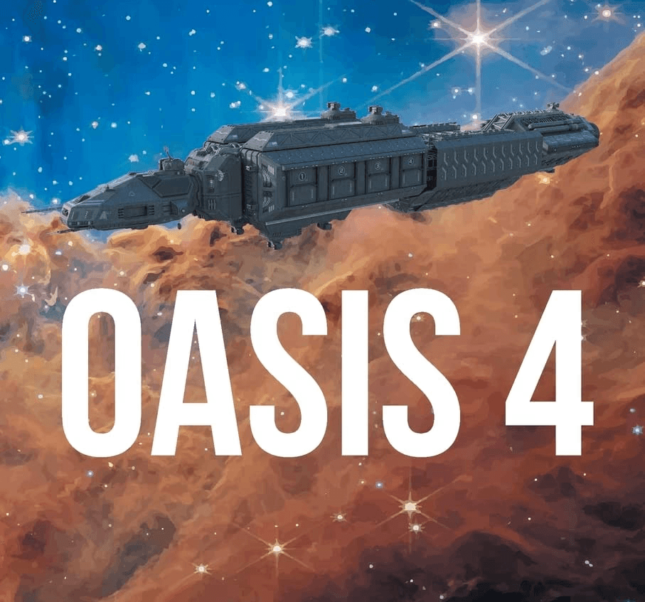 Oasis 4 book cover showing a large spaceship drifting in front of a bright starry nebula