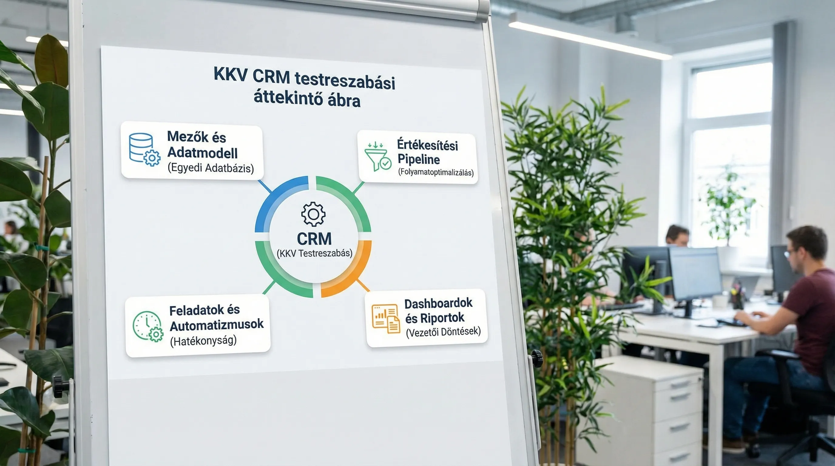 Egy KKV CRM testreszabási áttekintő ábra: középen a CRM, körülötte 4 elem egyszerű ikonokkal, mezők és adatmodell, értékesítési pipeline, feladatok és automatizmusok, dashboardok és riportok.