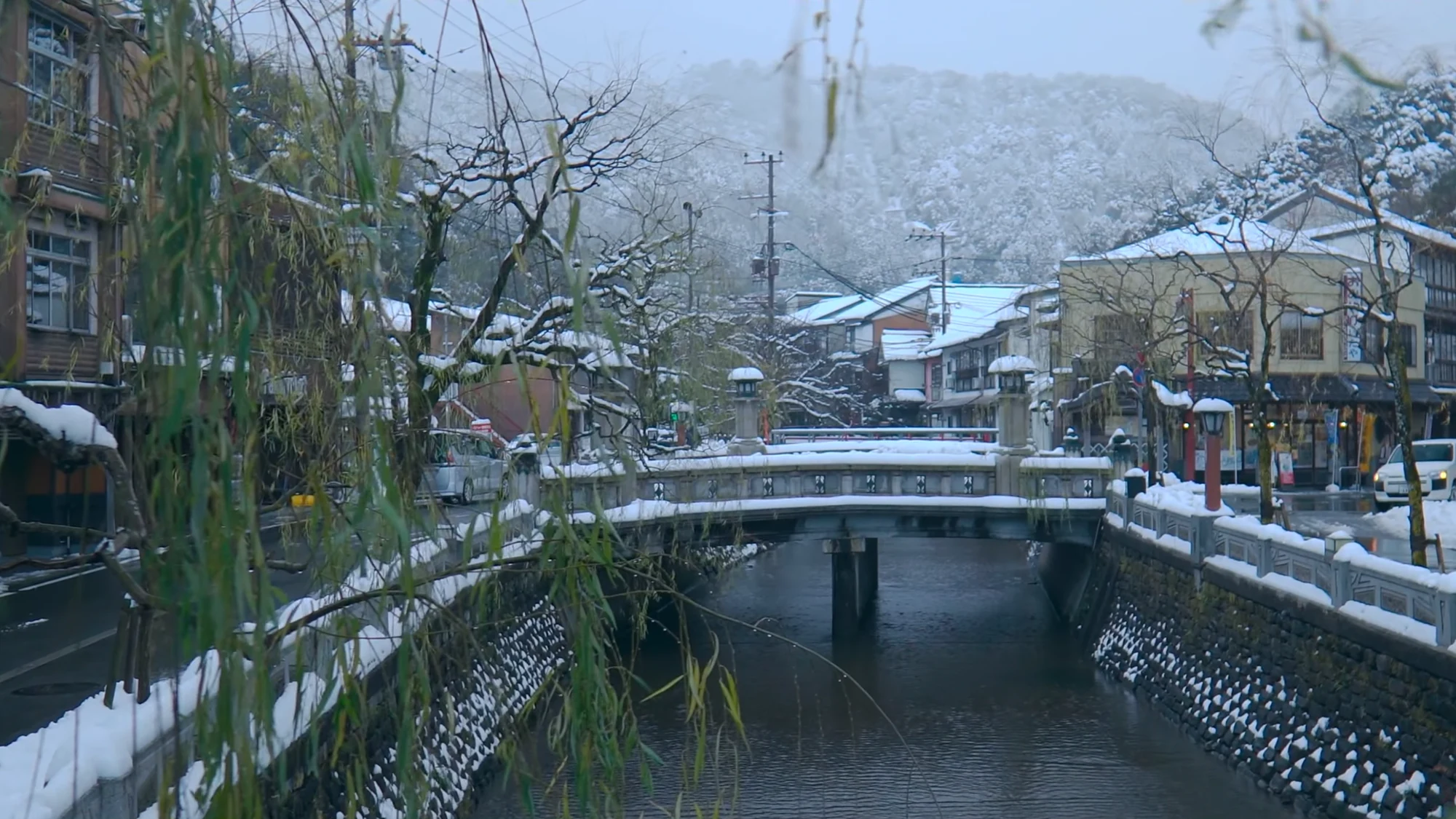 Snow along the Kinosaki canal with willow branches and stone bridges under grey sky.