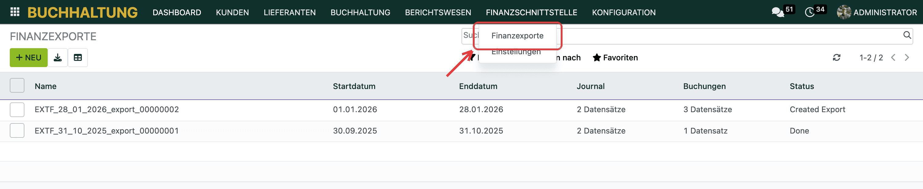 Der Export liegt unter Finanzschnittstelle > Finanzexporte.