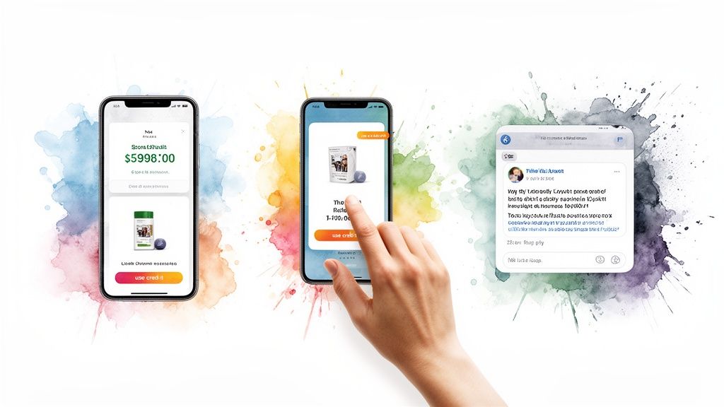 Three smartphones displaying mobile apps with e-commerce and social media interfaces, surrounded by colorful paint splatters.