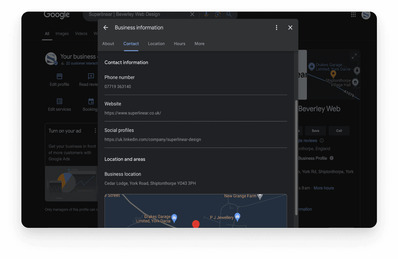 Input fields for contact information on Google My Business, including phone number and website URL, for a Beverley web design company to enhance local visibility.