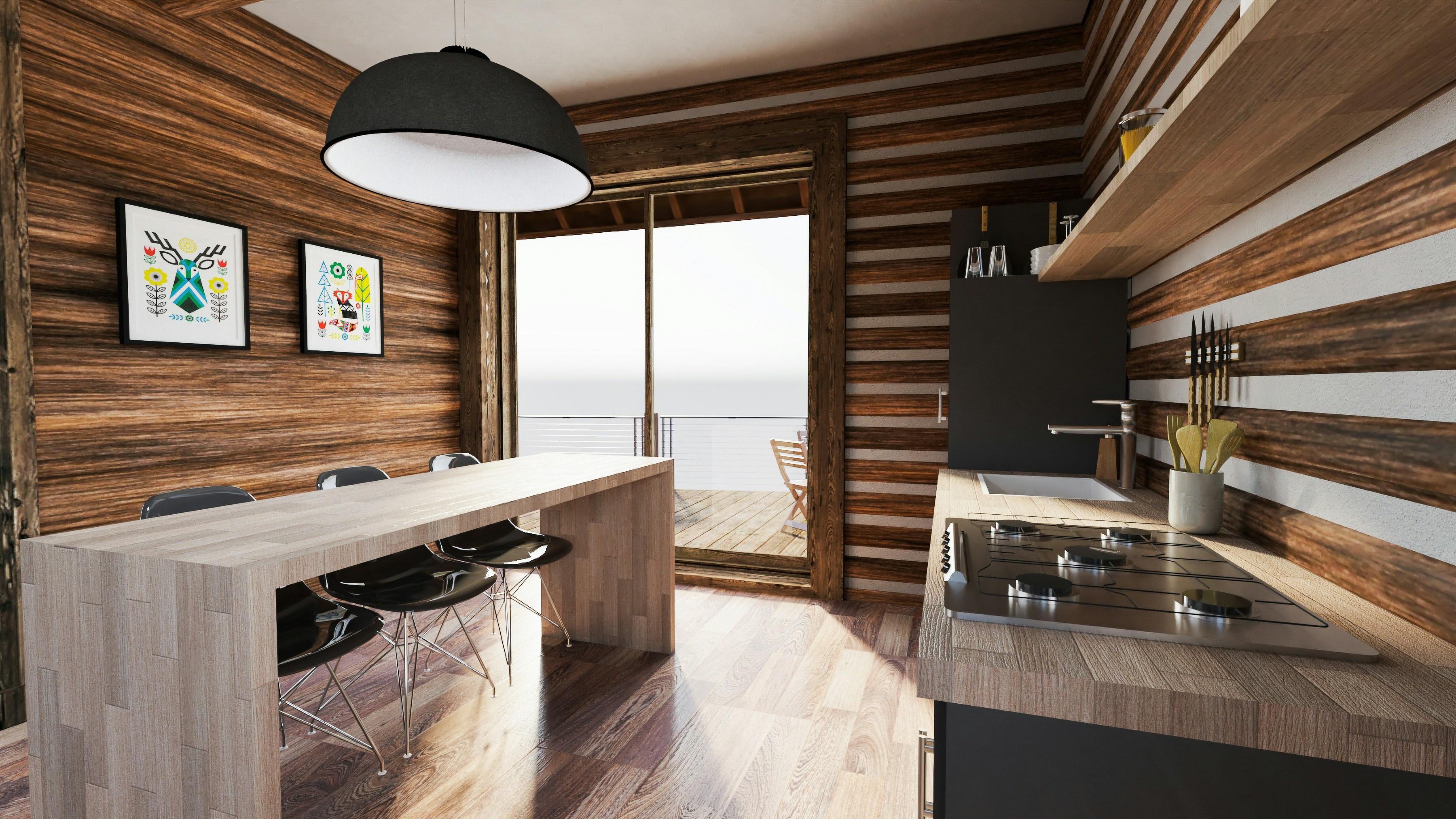 Interior kitchen and dining render with wood wall panels, modern lighting, large windows, kitchen island, and bright natural daylight.