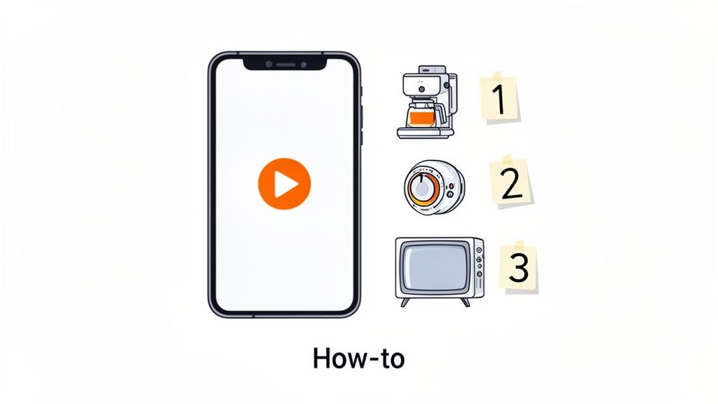 A smartphone with a play button next to numbered illustrations of a coffee maker, timer, and TV, indicating a 'How-to' guide.