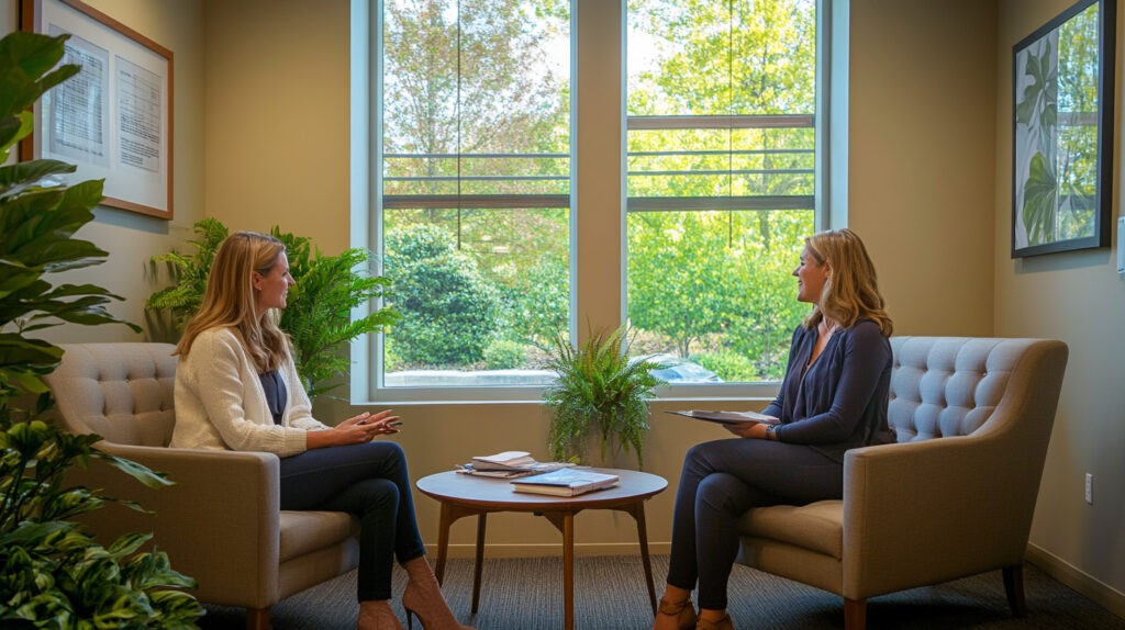 Two women seated in a bright, inviting office space engage in a discussion, highlighting the importance of personalized sleep coaching. This interaction emphasizes the organizational commitment to enhancing employee sleep health and overall well-being.