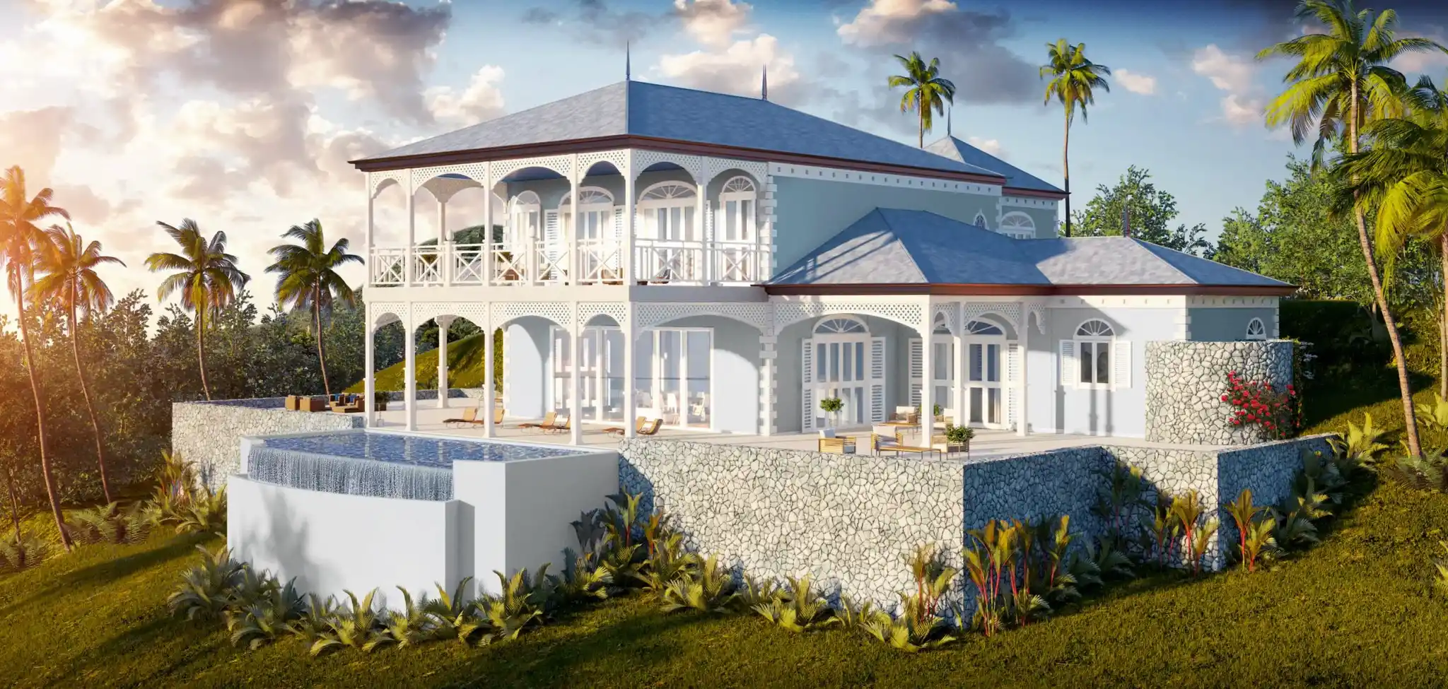 3D rendering of oceanfront hotel villa with infinity pool and wraparound veranda in St. Lucia by Atelier International LLC