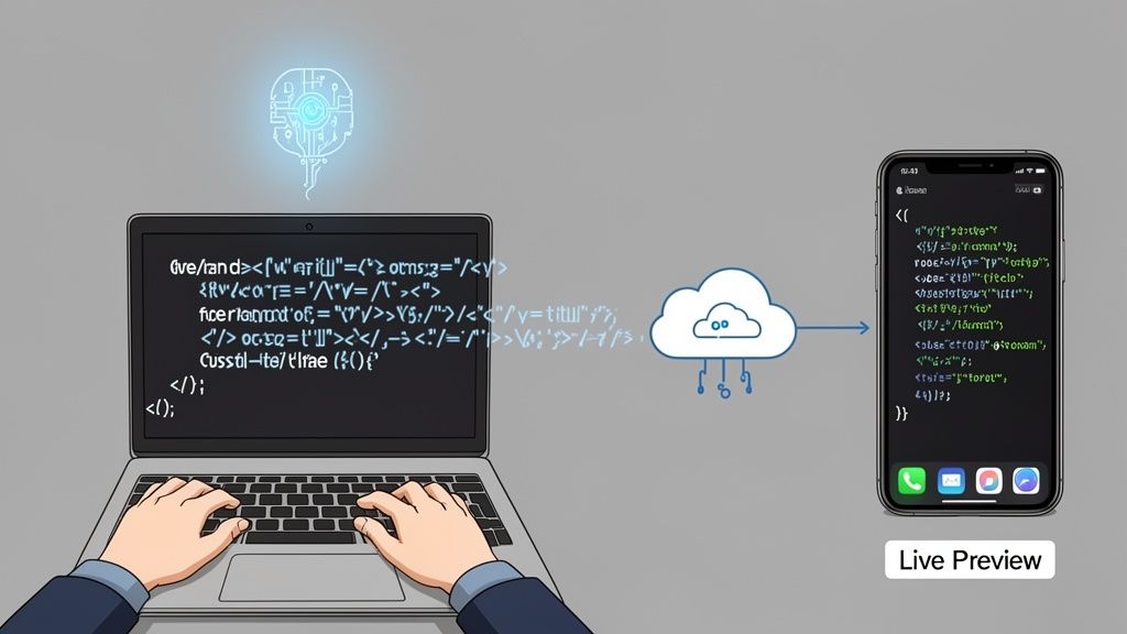 Developer coding on a laptop, using cloud services and AI to preview an app on a smartphone.