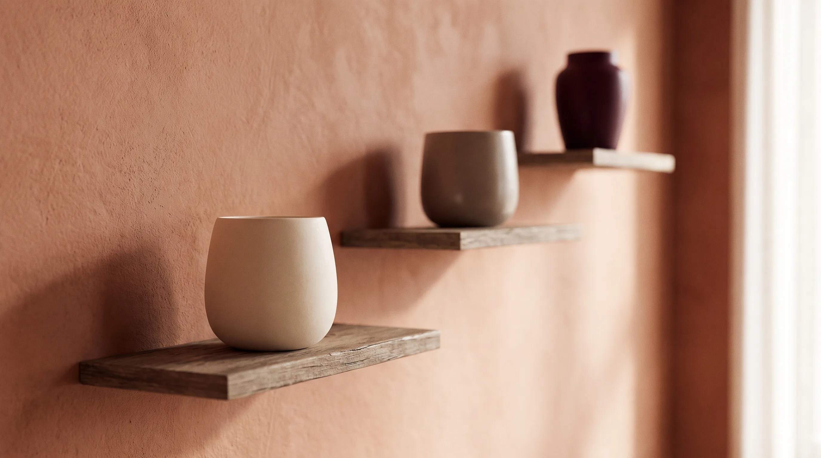 Three wooden shelves at different heights on a plaster wall, each holding one ceramic vessel, the nearest in focus