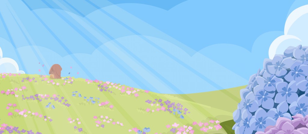 Illustration af en blå himmel og grønne enge med blomsterblade der blæser i vinden