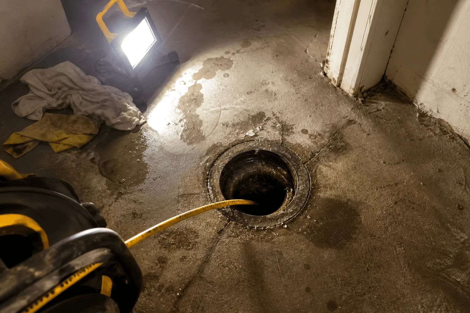 Åpent sluk i betonggulv med gul inspeksjonskabel og arbeidslys i kjeller.