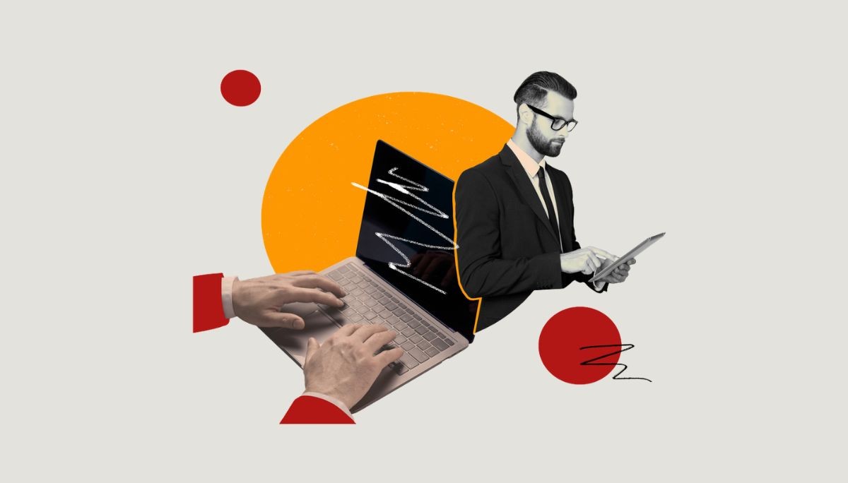 Business professional with tablet and laptop, symbolizing business process automation tools and how to get started.