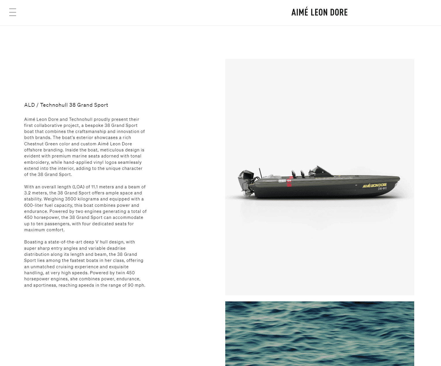 Screenshot of the Aimé Leon Dore and Technohull speedboat displayed on the Aimé Leon Dore website