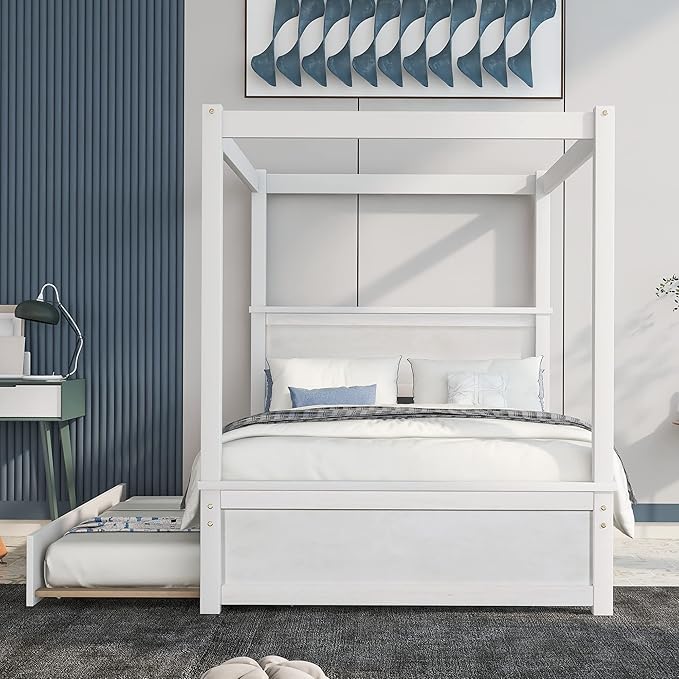 Optimize your space with the canopy bed with trundle, perfect for work or relaxation.