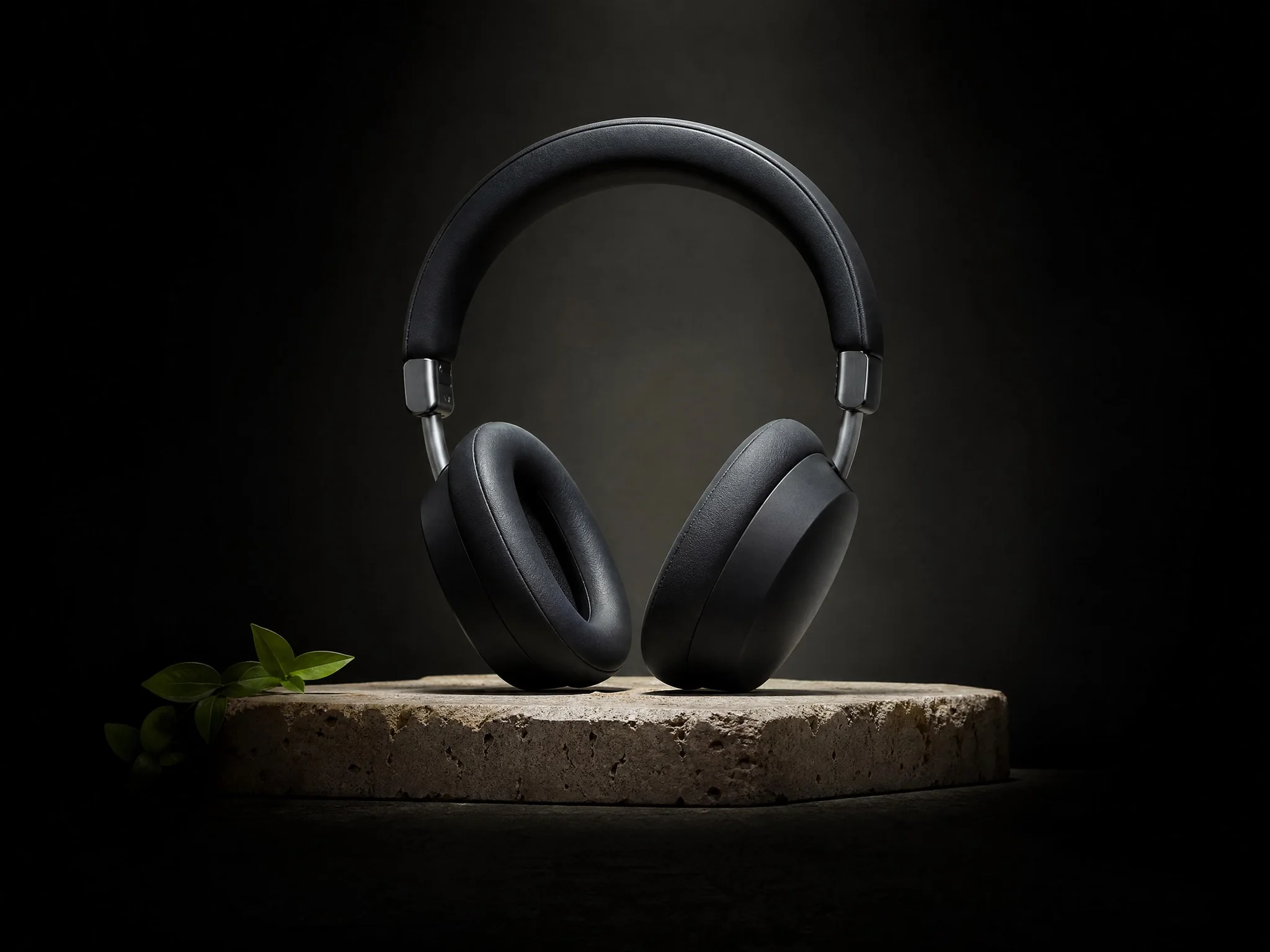 Headphones on a stone plinth under a spotlight, representing Shopify product page examples