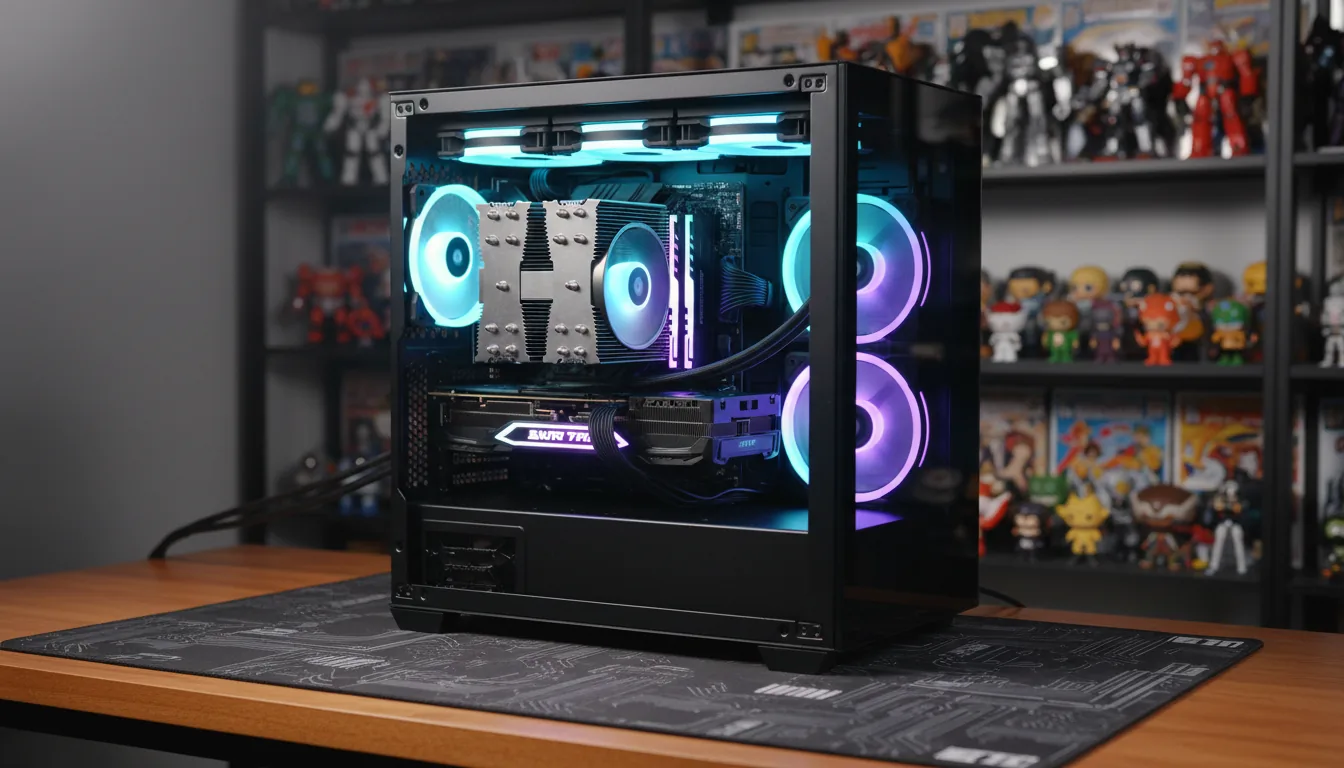 DSLR photography of a custom-built high-end PC workstation in a black mid-tower case with a transparent tempered glass side panel. The interior is brightly lit with vibrant RGB case fans glowing in cyan, blue, and purple. A large silver CPU air cooler and a powerful horizontally mounted graphics card are clearly visible. The workstation is placed on a large technical mat on a wooden desk. The scene is captured with soft studio lighting and a shallow depth of field, creating a beautiful bokeh effect with a blurred shelf of collectibles in the background. Sharp focus on the computer's internal components, professional product shot.
