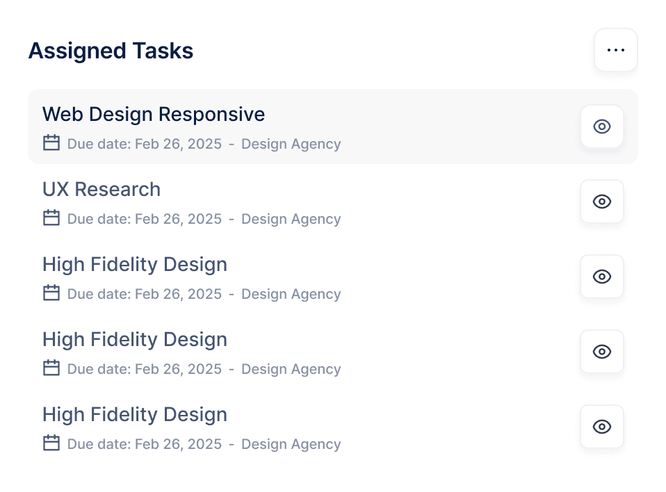 A list of assigned tasks related to web design, including documents and design files.
