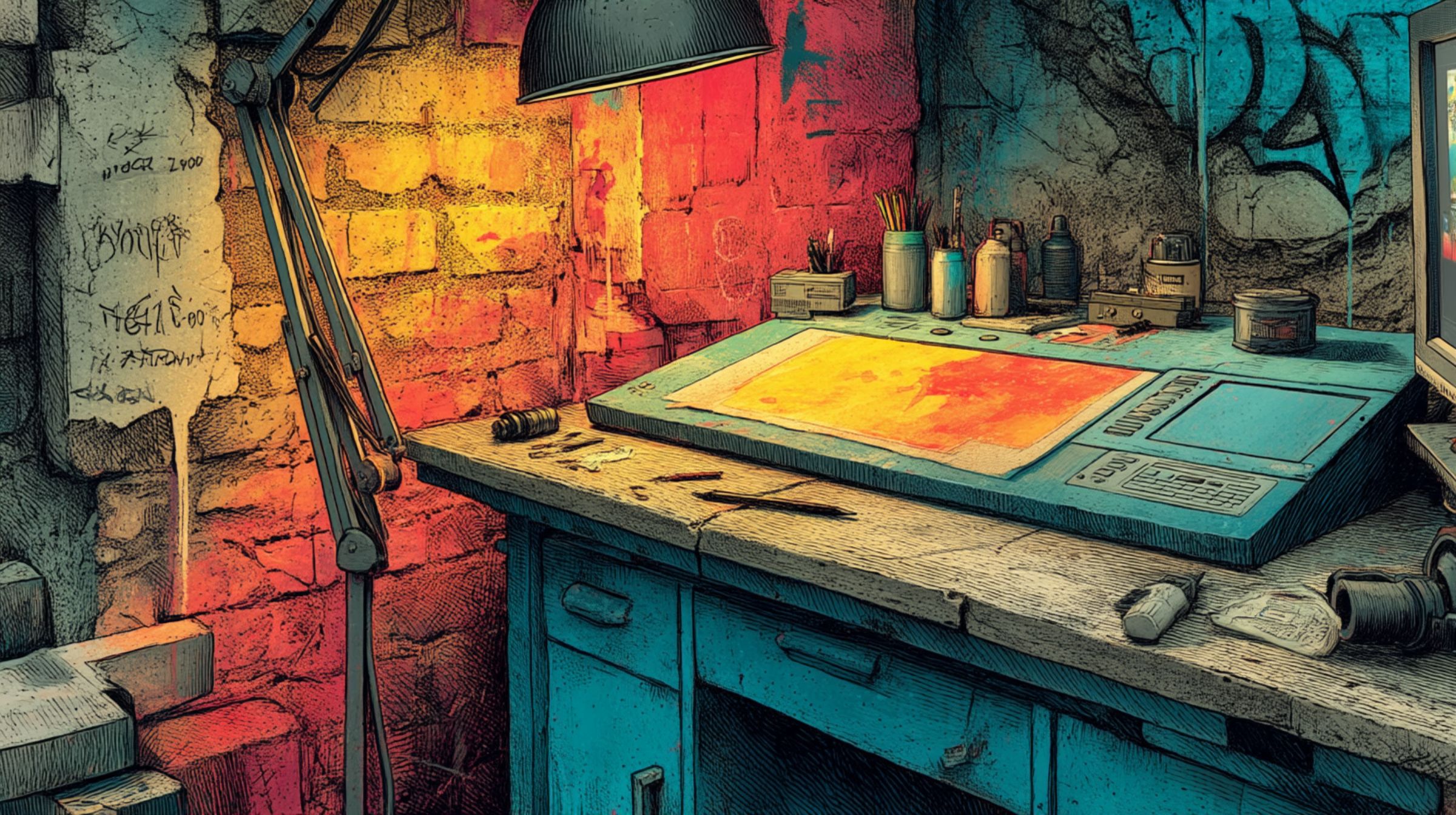 A hybrid studio where graffiti, tattoo, and digital design share the same desk — one lamp, one surface, three dialects of creation.