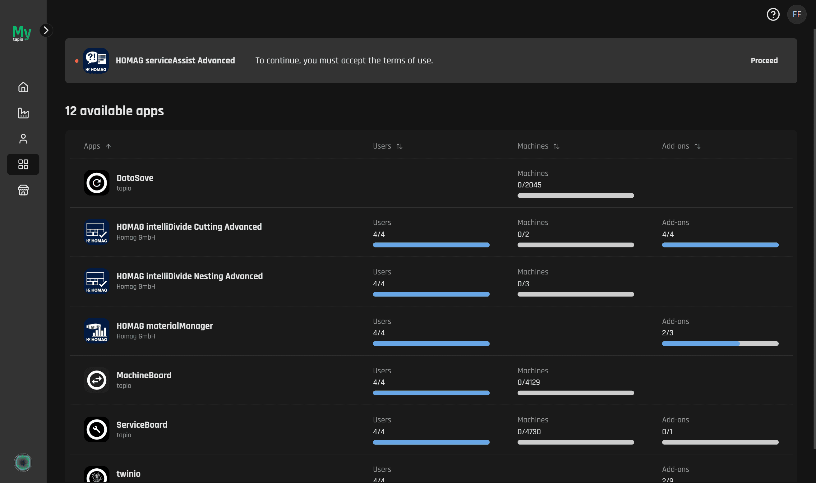 List of apps in My tapio