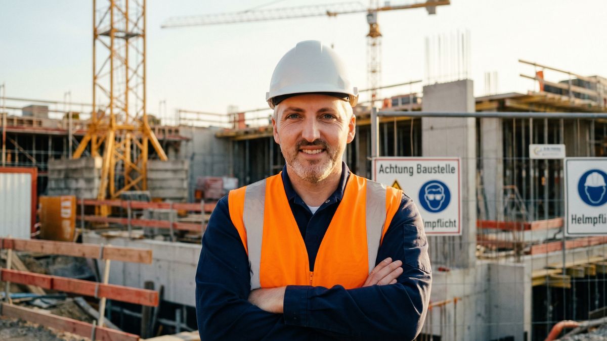Bauarbeiter mit Schutzhelm auf einer Baustelle — Symbol für Arbeitskraftabsicherung	