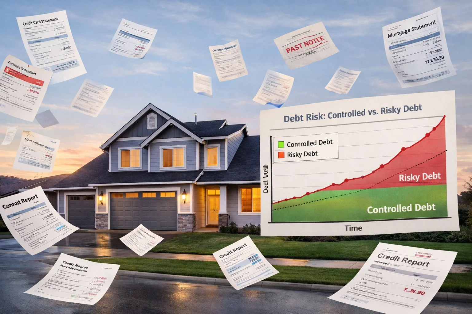 House surrounded by floating credit documents and mortgage statements, with a line graph comparing controlled debt versus risky debt.