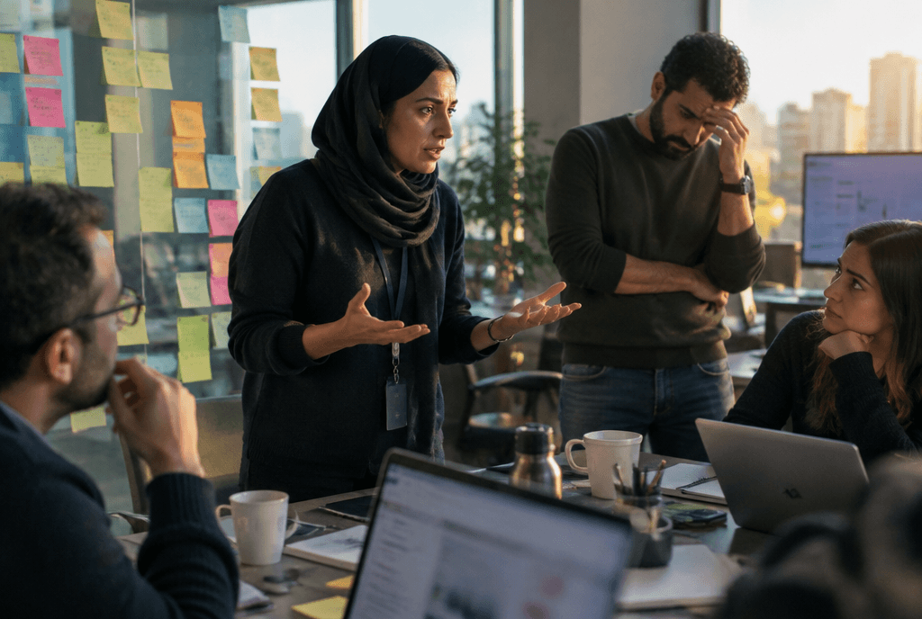 Product team in a retrospective meeting reviewing problems on sticky notes