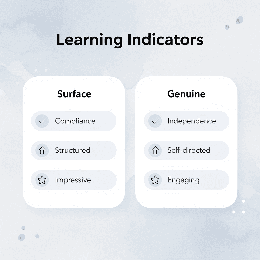 Comparison chart showing surface vs genuine learning indicators