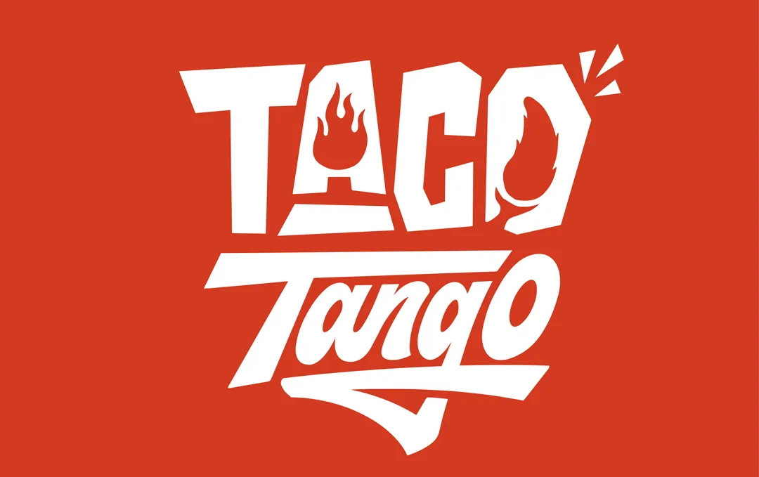 Taco Tango logo in bold red playful typography with taco icon