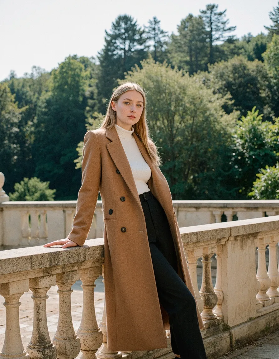 Woman in camel coat and black trousers on stone terrace with green forest background, professional fashion portrait
