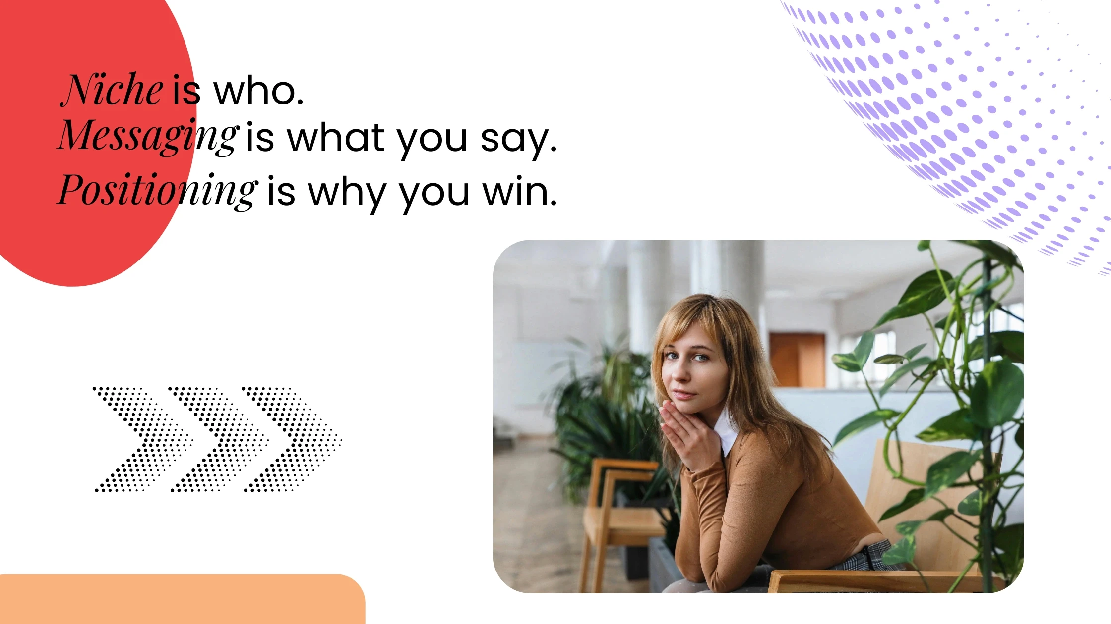 Coach seated thoughtfully indoors with graphic elements and text distinguishing niche, messaging, and positioning.
